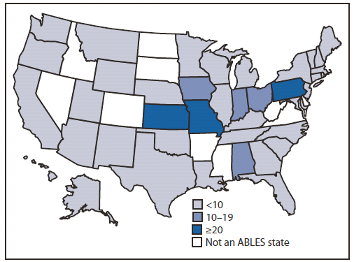 The figure shows prevalence rates of adults with elevated blood lead levels (≥25 μg/dL), among adults residing in the reporting state in the United States in 2009, according to the Adult Blood Lead Epidemiology and Surveillance (ABLES) program. The number of states with high prevalence of elevated BLLs (i.e., ≥20 adults per 100,000 employed adults) decreased from six of 17 states in 1994 to three of 40 states in 2009.
